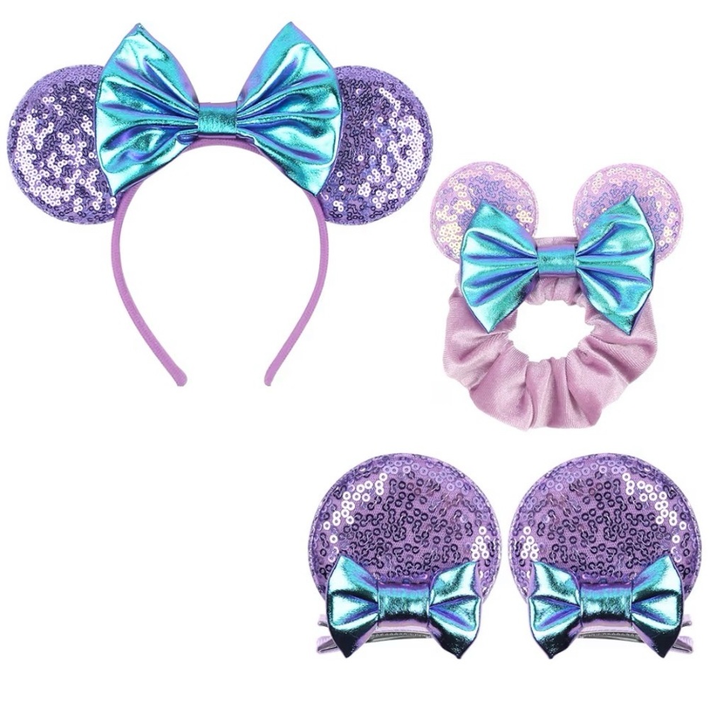 Mouse Ears Headband Set,Minn Mouse Ears Clips & Scrunchies in Purple,4 Piece Set